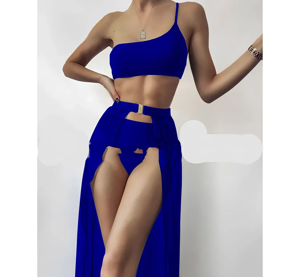 Three-piece solid colour swimsuit with high-waist bottoms and removable chest pads in quick-drying polyester fabric