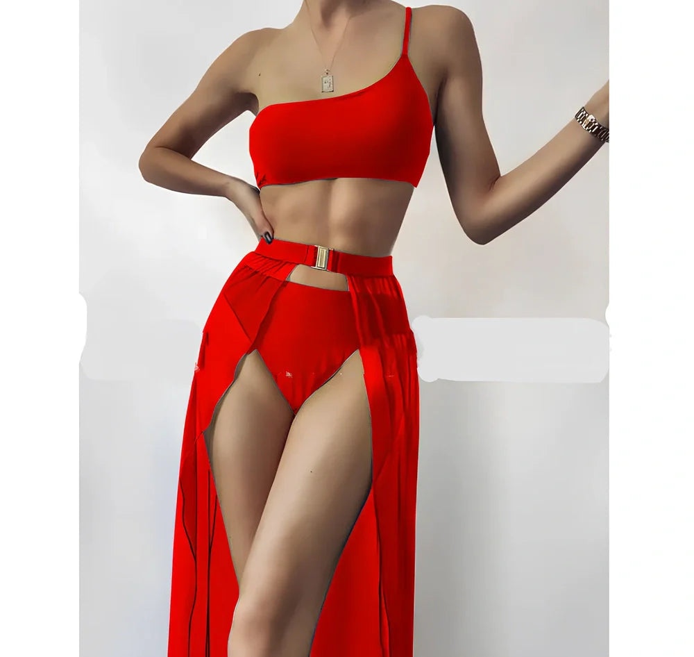 Three-piece solid colour swimsuit with high-waist bottoms and removable chest pads in quick-drying polyester fabric