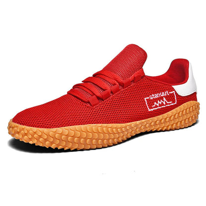 Men's breathable woven casual sneakers in white, red, black, and army green