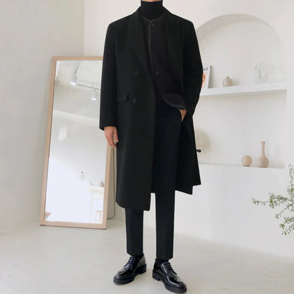 Men's double-breasted woolen coat in camel, mid-length loose fit, suit collar, winter wear