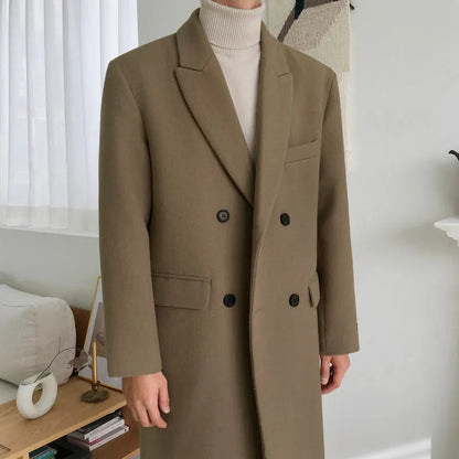Men's double-breasted woolen coat in camel, mid-length loose fit, suit collar, winter wear