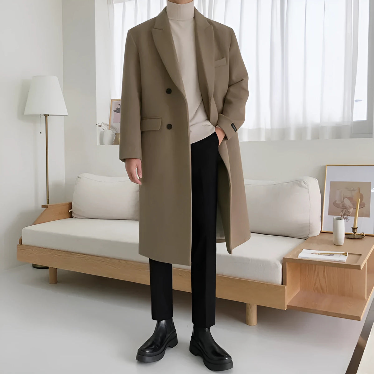 Men's double-breasted woolen coat in camel, mid-length loose fit, suit collar, winter wear