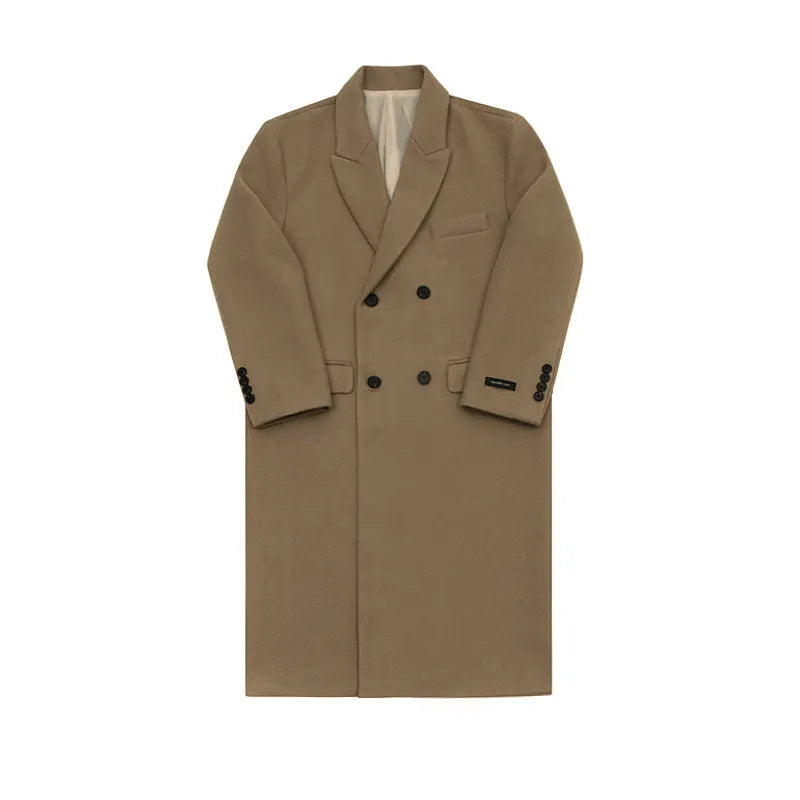 Men's double-breasted woolen coat in camel, mid-length loose fit, suit collar, winter wear