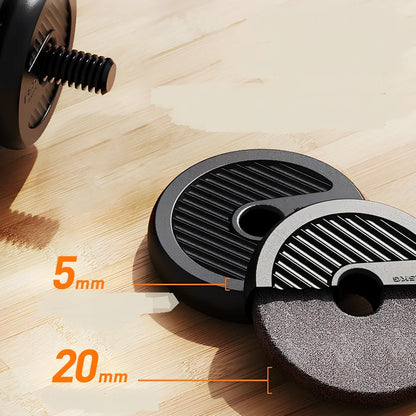 Adjustable dumbbell set with eight PE plates, two bars, connector, and base showing 2.5kg to 10kg configurations