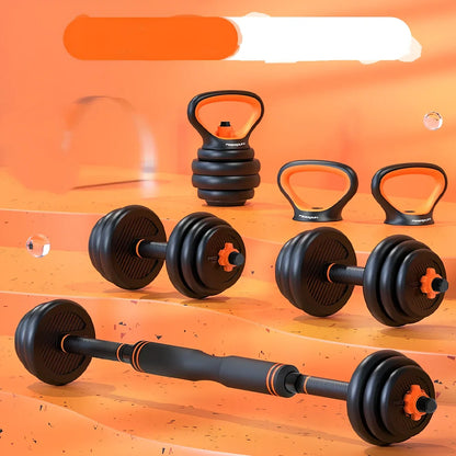 Adjustable dumbbell set with eight PE plates, two bars, connector, and base showing 2.5kg to 10kg configurations