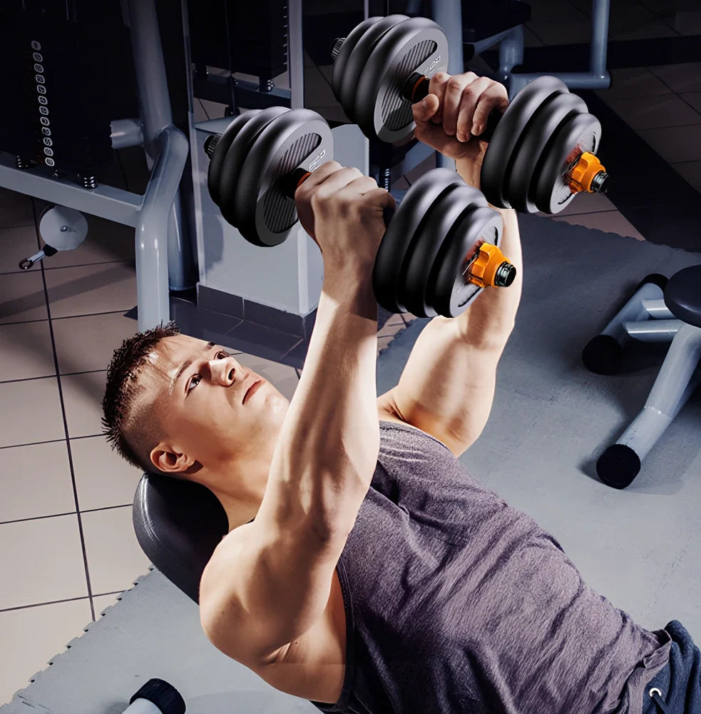 Adjustable dumbbell set with eight PE plates, two bars, connector, and base showing 2.5kg to 10kg configurations