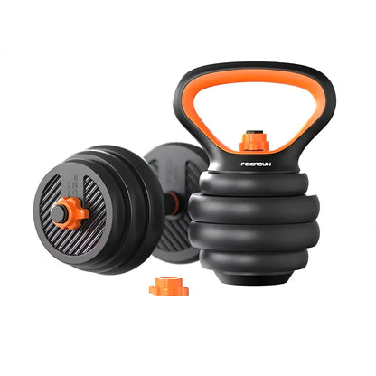 Adjustable dumbbell set with eight PE plates, two bars, connector, and base showing 2.5kg to 10kg configurations