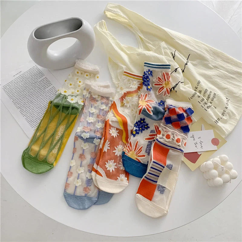 Vibrant retro breathable glass silk socks for women in summer colors