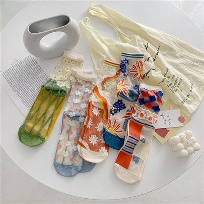 Vibrant retro breathable glass silk socks for women in summer colors