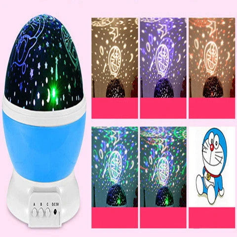 Celestial LED Projection Lamp with rotating base, projecting stars, moons, and cosmic designs onto walls and surfaces