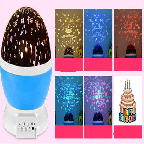 Celestial LED Projection Lamp with rotating base, projecting stars, moons, and cosmic designs onto walls and surfaces