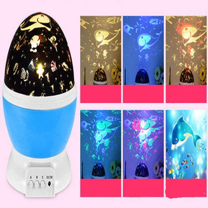 Celestial LED Projection Lamp with rotating base, projecting stars, moons, and cosmic designs onto walls and surfaces
