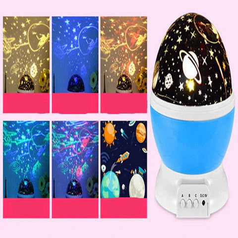 Celestial LED Projection Lamp with rotating base, projecting stars, moons, and cosmic designs onto walls and surfaces