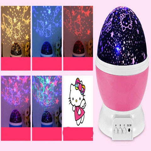 Celestial LED Projection Lamp with rotating base, projecting stars, moons, and cosmic designs onto walls and surfaces