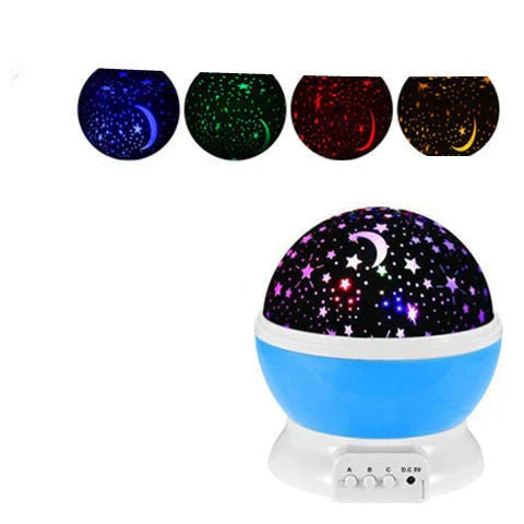 Celestial LED Projection Lamp with rotating base, projecting stars, moons, and cosmic designs onto walls and surfaces