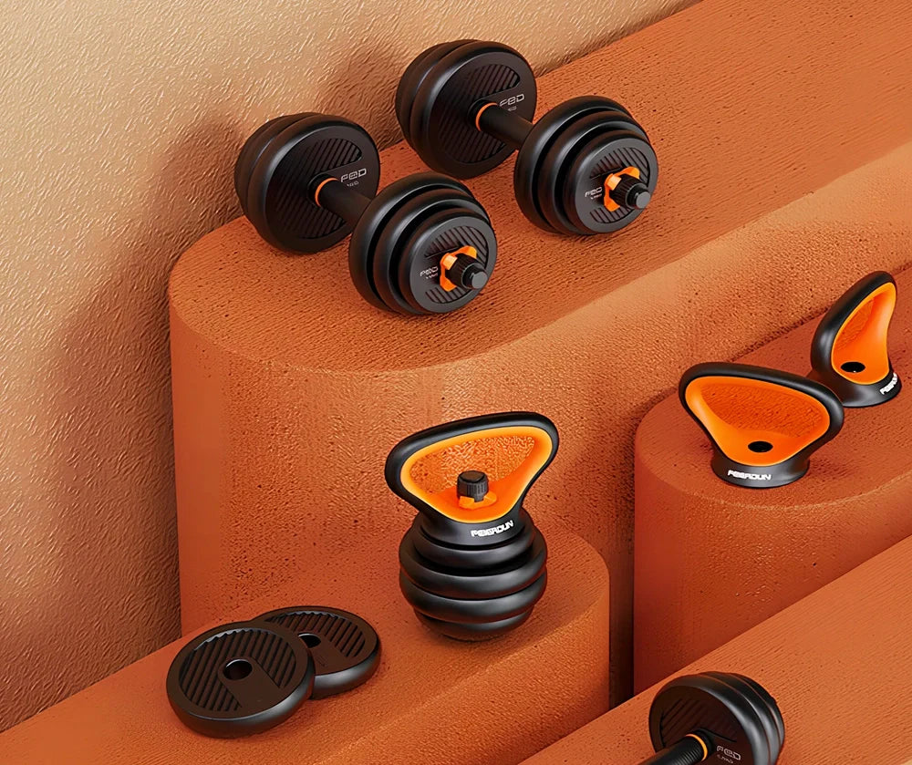 Adjustable dumbbell set with eight PE plates, two bars, connector, and base showing 2.5kg to 10kg configurations