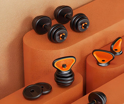 Adjustable dumbbell set with eight PE plates, two bars, connector, and base showing 2.5kg to 10kg configurations