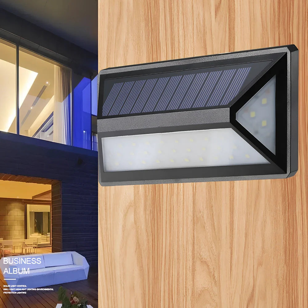Black solar-powered wall light with 33 LED bulbs for outdoor illumination