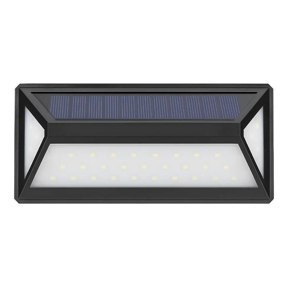Black solar-powered wall light with 33 LED bulbs for outdoor illumination