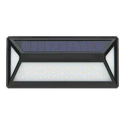 Black solar-powered wall light with 33 LED bulbs for outdoor illumination