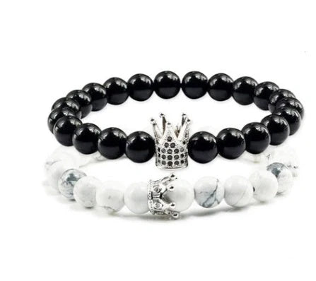 Handmade micro inlaid zircon crown bracelet with volcanic stone and white turquoise