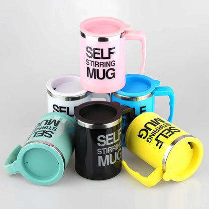 Self-stirring coffee mug with creative handle and button design showing 8.8cm diameter