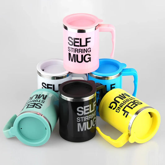Self-stirring coffee mug with creative handle and button design showing 8.8cm diameter