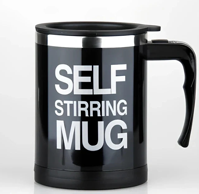 Self-stirring coffee mug with creative handle and button design showing 8.8cm diameter