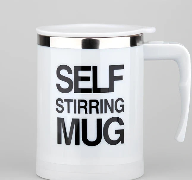 Self-stirring coffee mug with creative handle and button design showing 8.8cm diameter