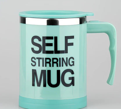 Self-stirring coffee mug with creative handle and button design showing 8.8cm diameter