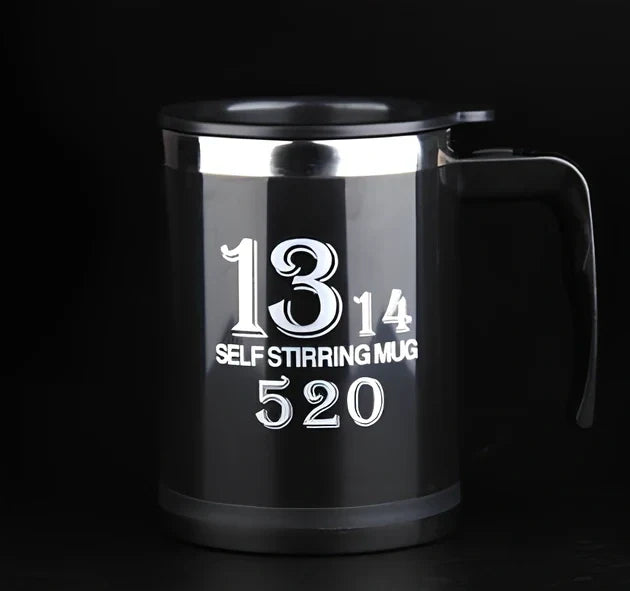 Self-stirring coffee mug with creative handle and button design showing 8.8cm diameter