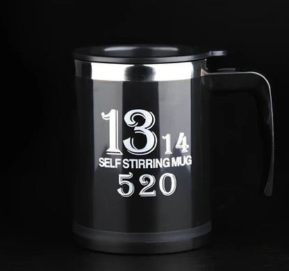 Self-stirring coffee mug with creative handle and button design showing 8.8cm diameter