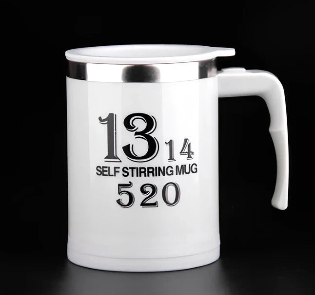 Self-stirring coffee mug with creative handle and button design showing 8.8cm diameter
