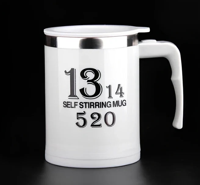 Self-stirring coffee mug with creative handle and button design showing 8.8cm diameter