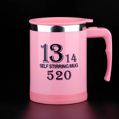 Self-stirring coffee mug with creative handle and button design showing 8.8cm diameter