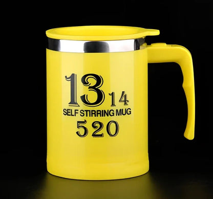 Self-stirring coffee mug with creative handle and button design showing 8.8cm diameter
