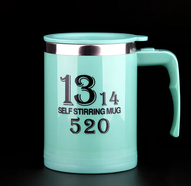 Self-stirring coffee mug with creative handle and button design showing 8.8cm diameter