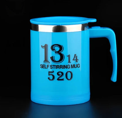 Self-stirring coffee mug with creative handle and button design showing 8.8cm diameter