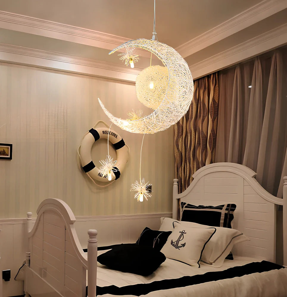 Aluminum wire star moon chandelier with 5W LED, 250mm wide, adjustable 0.6m height for warm or white light in 15-30㎡ areas