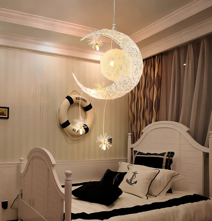Aluminum wire star moon chandelier with 5W LED, 250mm wide, adjustable 0.6m height for warm or white light in 15-30㎡ areas
