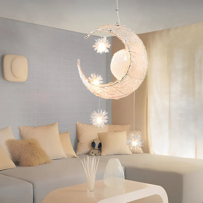 Aluminum wire star moon chandelier with 5W LED, 250mm wide, adjustable 0.6m height for warm or white light in 15-30㎡ areas