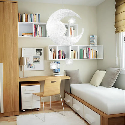 Aluminum wire star moon chandelier with 5W LED, 250mm wide, adjustable 0.6m height for warm or white light in 15-30㎡ areas