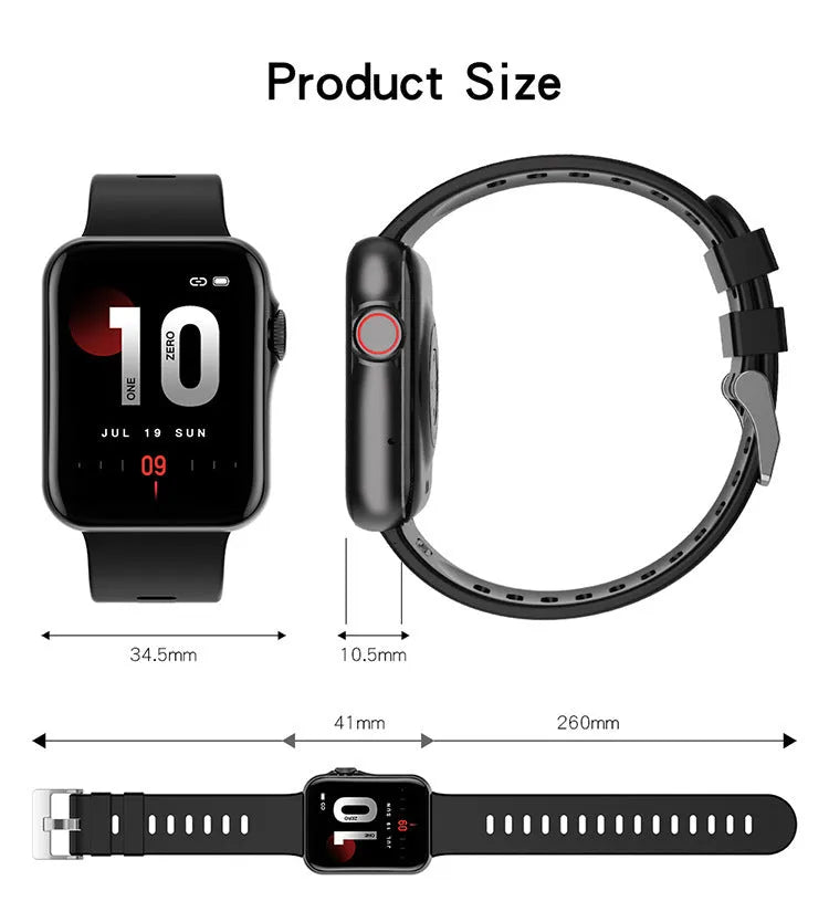 D06 smart watch with black liquid silicone strap and 1.6-inch colour display showing split-screen time and fitness data.