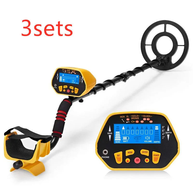 GC1028 black and yellow metal detector with LCD display, adjustable pole, and 20cm waterproof search coil for treasure hunting