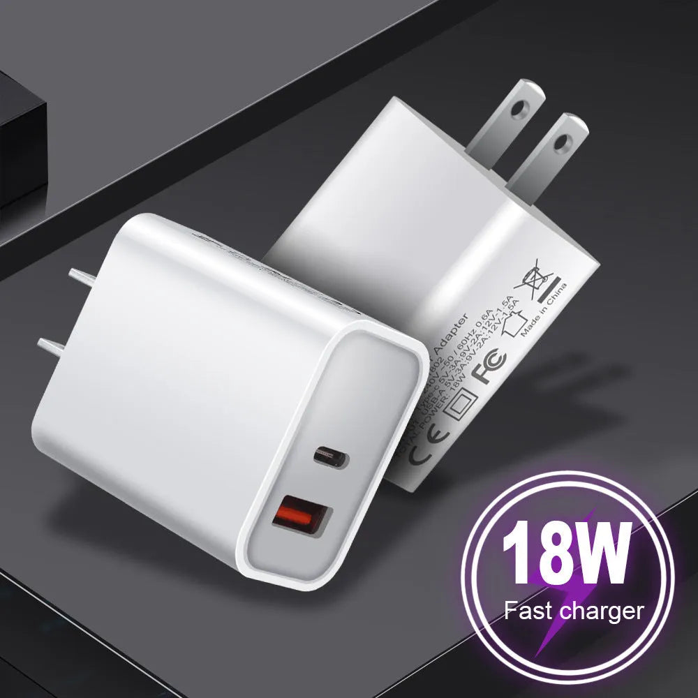 White 18W PD fast charging plug with dual USB-C ports, showing UK, US, and EU plug style options.