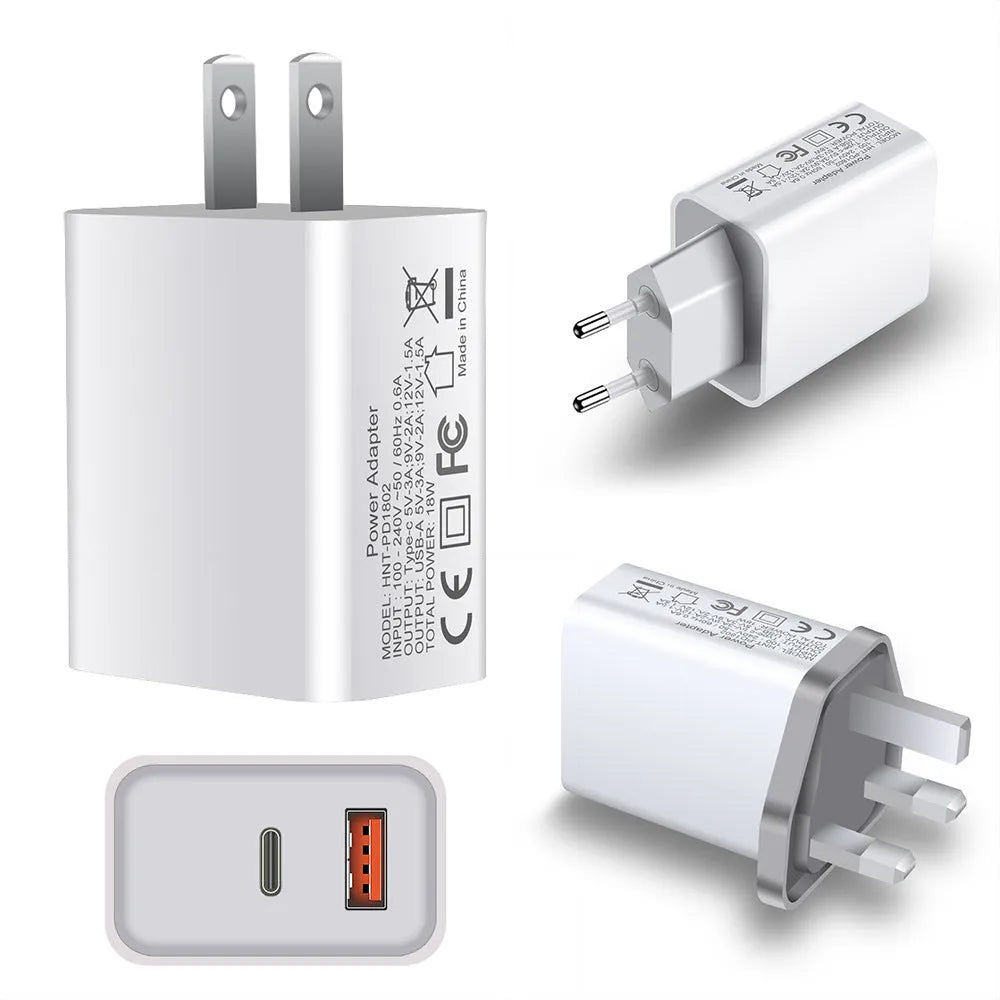 White 18W PD fast charging plug with dual USB-C ports, showing UK, US, and EU plug style options.