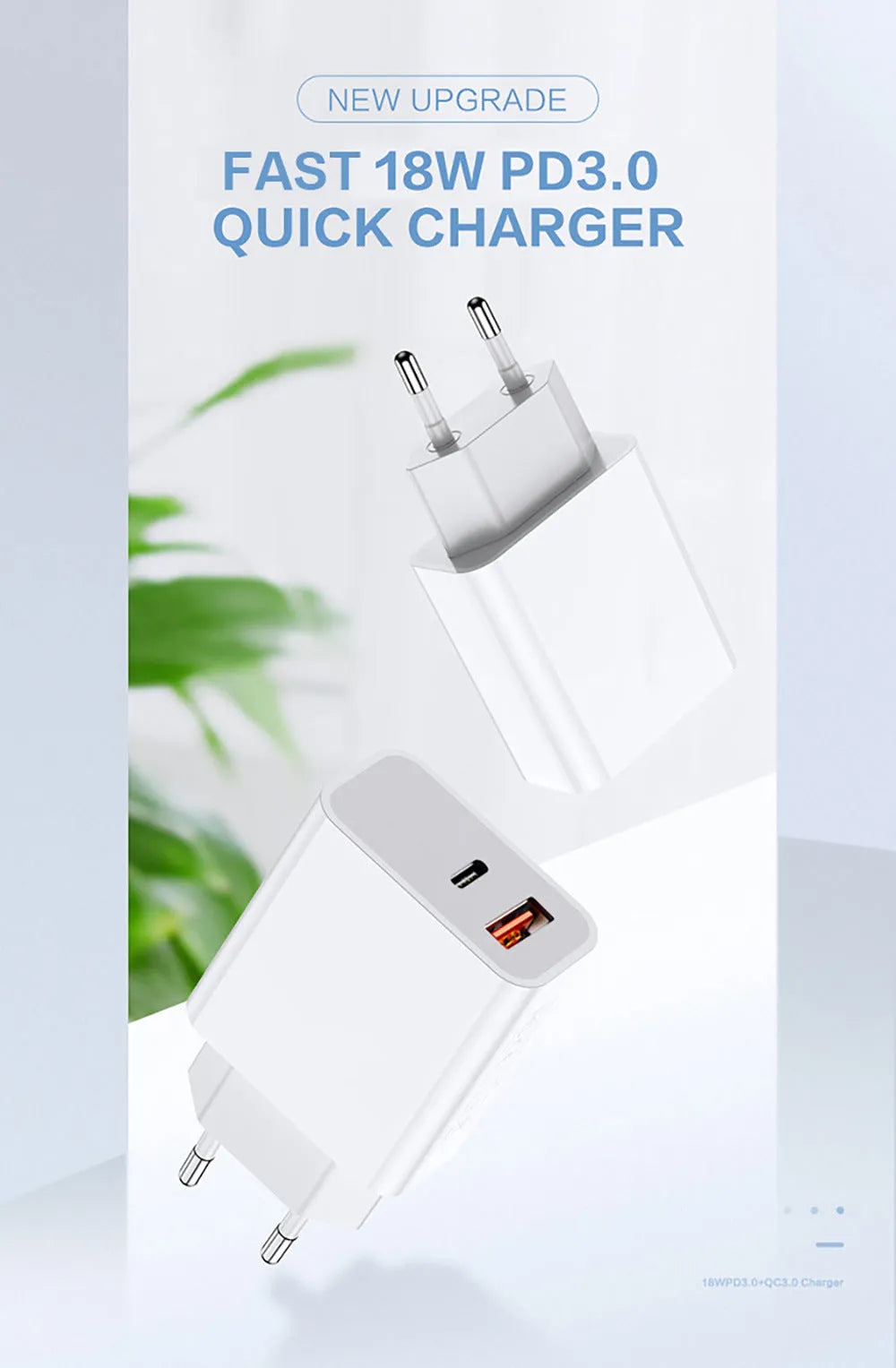 White 18W PD fast charging plug with dual USB-C ports, showing UK, US, and EU plug style options.