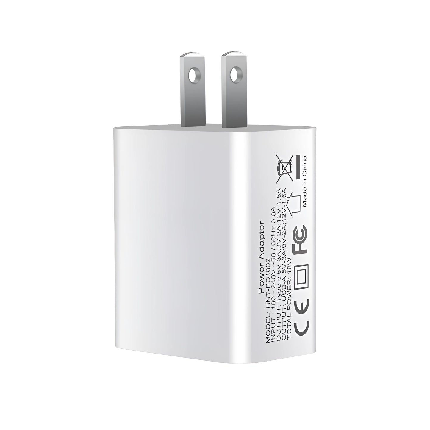 White 18W PD fast charging plug with dual USB-C ports, showing UK, US, and EU plug style options.