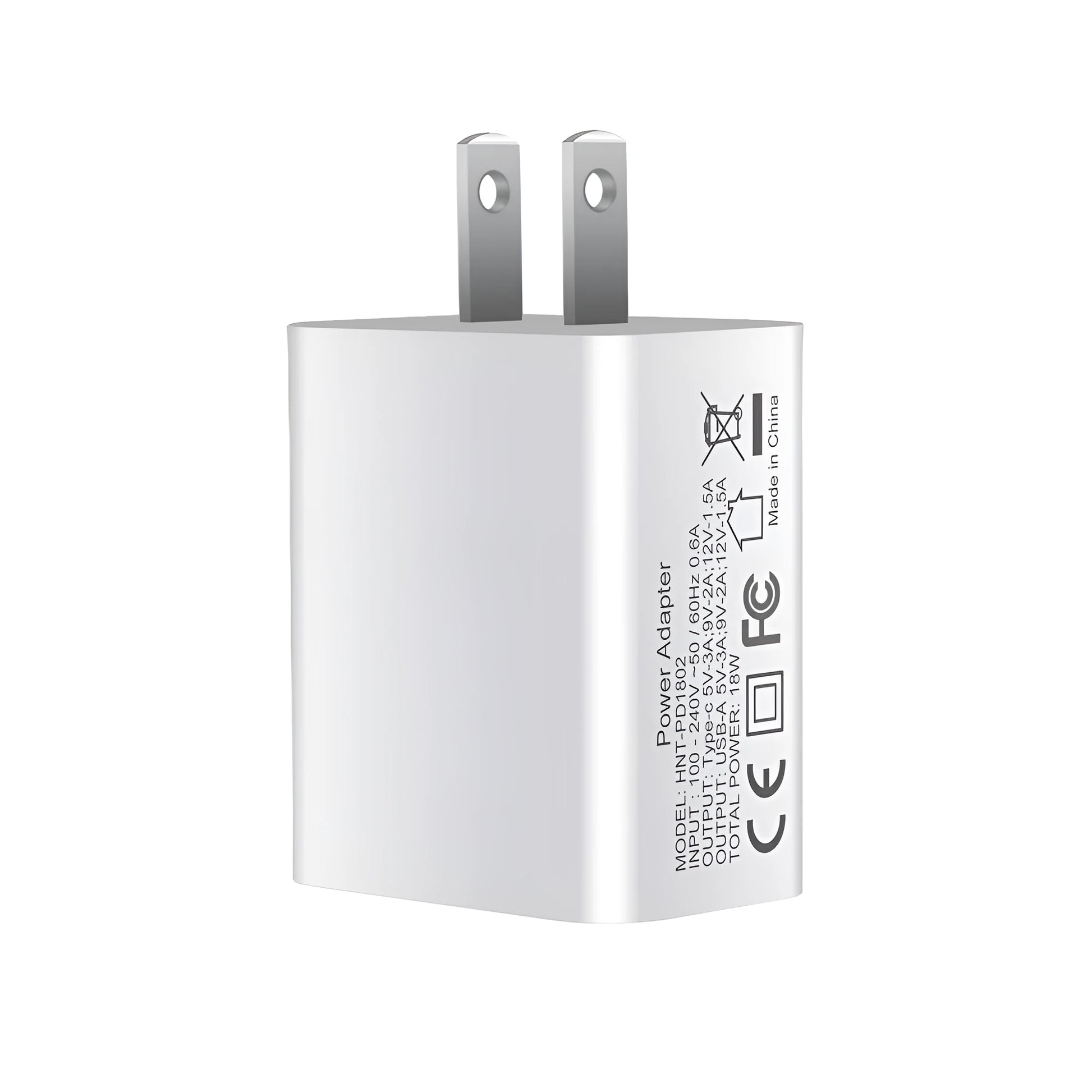 White 18W PD fast charging plug with dual USB-C ports, showing UK, US, and EU plug style options.