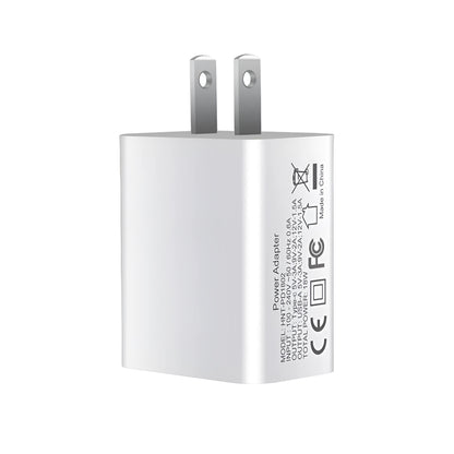White 18W PD fast charging plug with dual USB-C ports, showing UK, US, and EU plug style options.